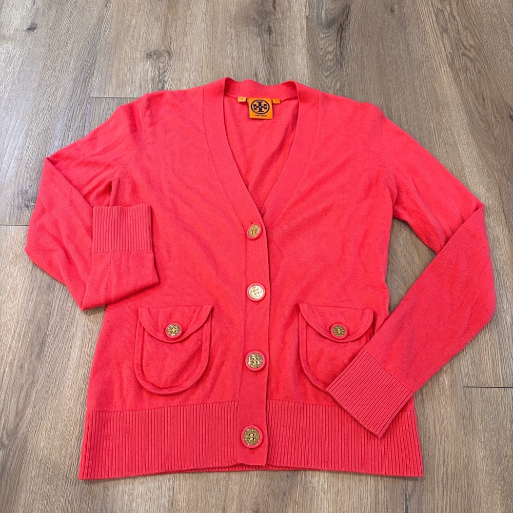 Tory Burch Women’s Cashmere Blend Gold Button Cardigan Sweater Coral Pink Size S